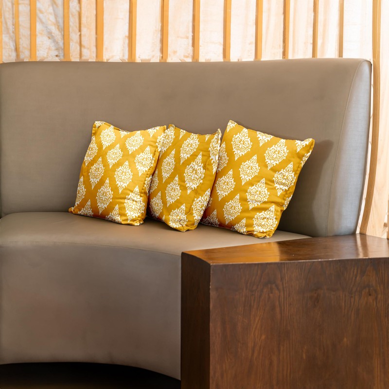 Urban Space Block Printed Yellow Cotton Cushion Covers - Set Of Three
