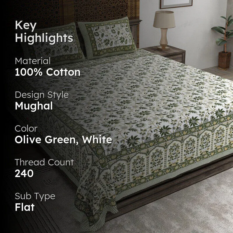 Craftet Cotton Bedsheet (Olive Green,White) - 240 TC media 2