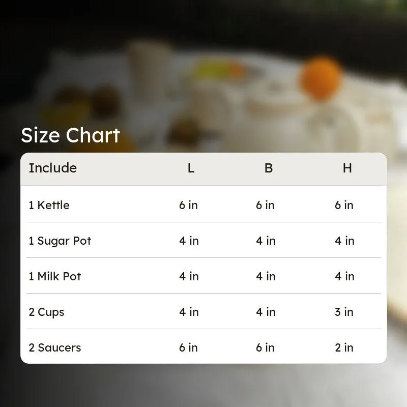 Size chart image for the Galenta tea set