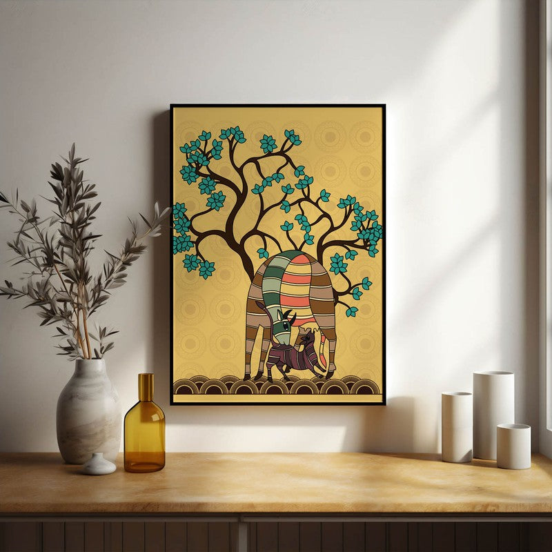 Deer And Fawn Framed Gond Canvas Wall Painting media 5