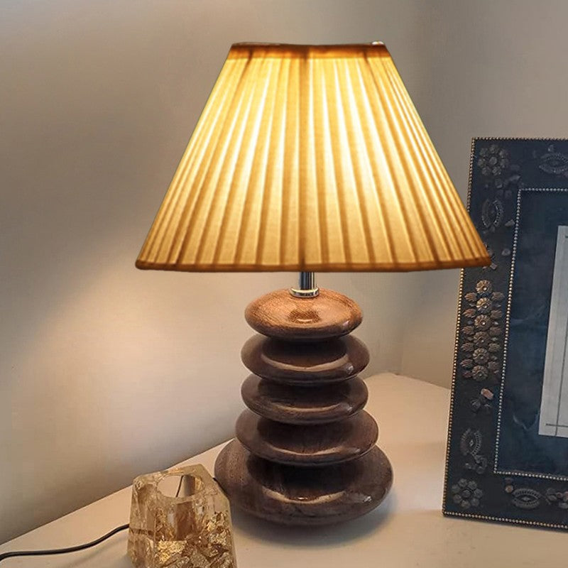 Glynex Cotton Table Lamp With Wooden Base - White
