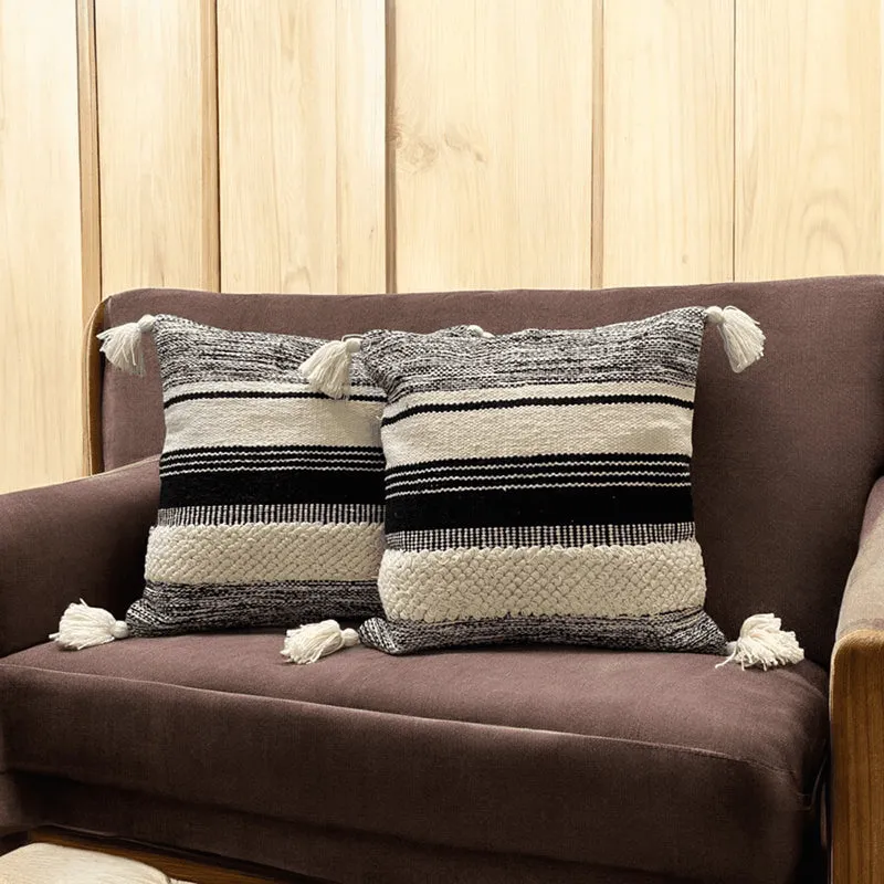 Striped Plush Tufted Cushion Cover ((Black & White)) - Set Of Two media 1