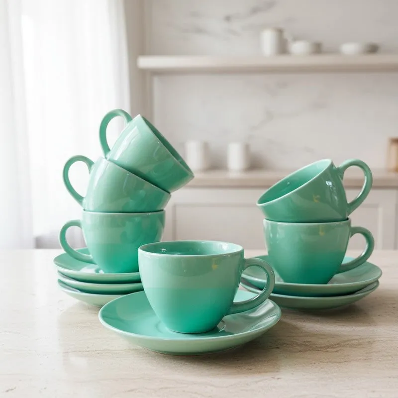 Ceramic Cup & Saucer (Sage Green/180 mL Each) - Set of Six media 1