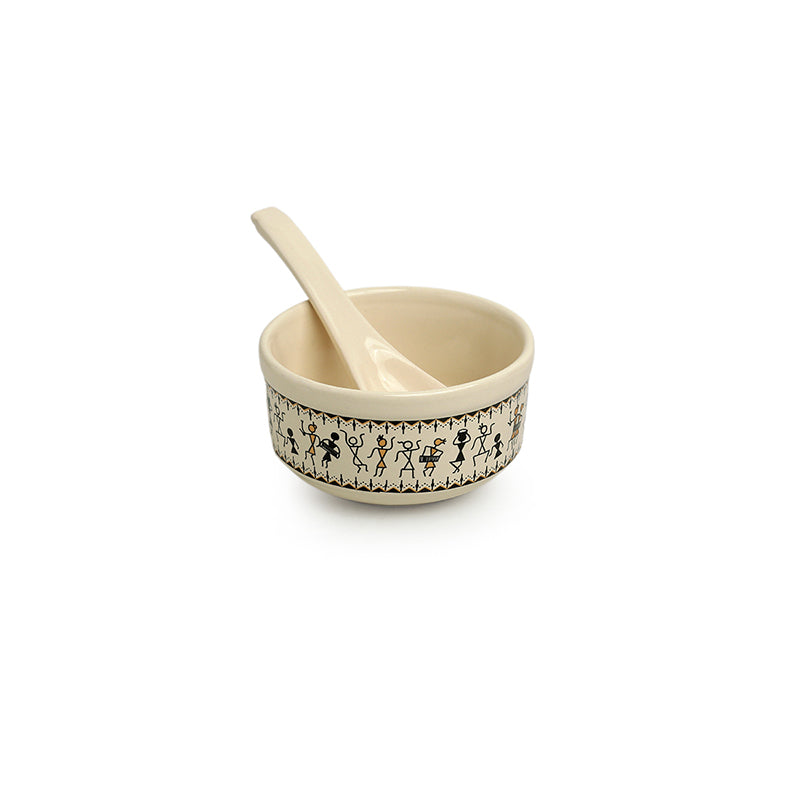 Warli Whirls Handcrafted Ceramic Soup Bowl With Spoon (300 mL) - Four Piece Set media 4