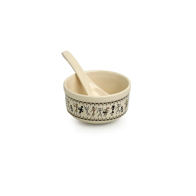Warli Whirls Handcrafted Ceramic Soup Bowl With Spoon (300 mL) - Four Piece Set media 4