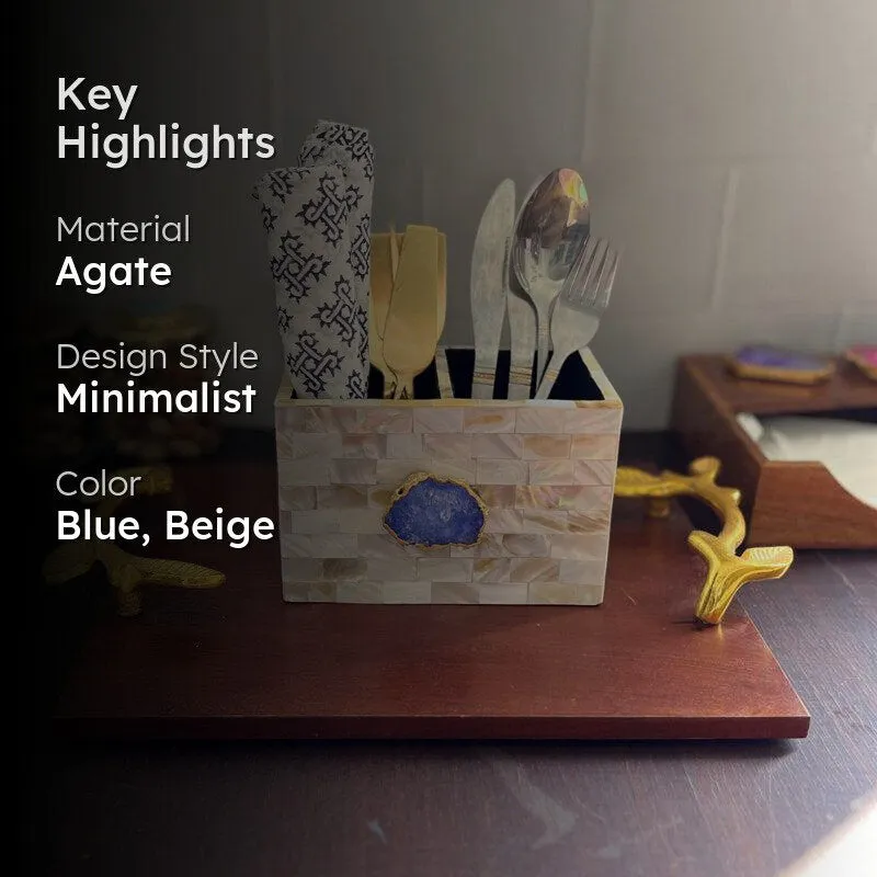 Suzzaine Handcrafted Mother Of Pearl & Agate Cutlery Holder - Dark Blue & Beige media 2