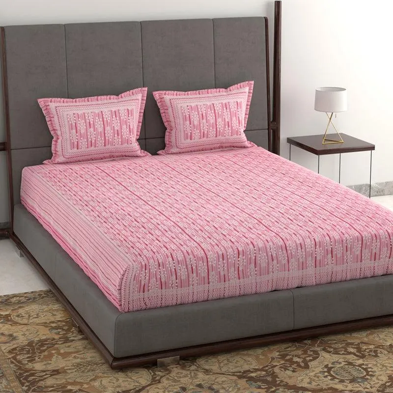 Saavika Printed Cotton Bedsheet (Pink) - 280 TC media 1