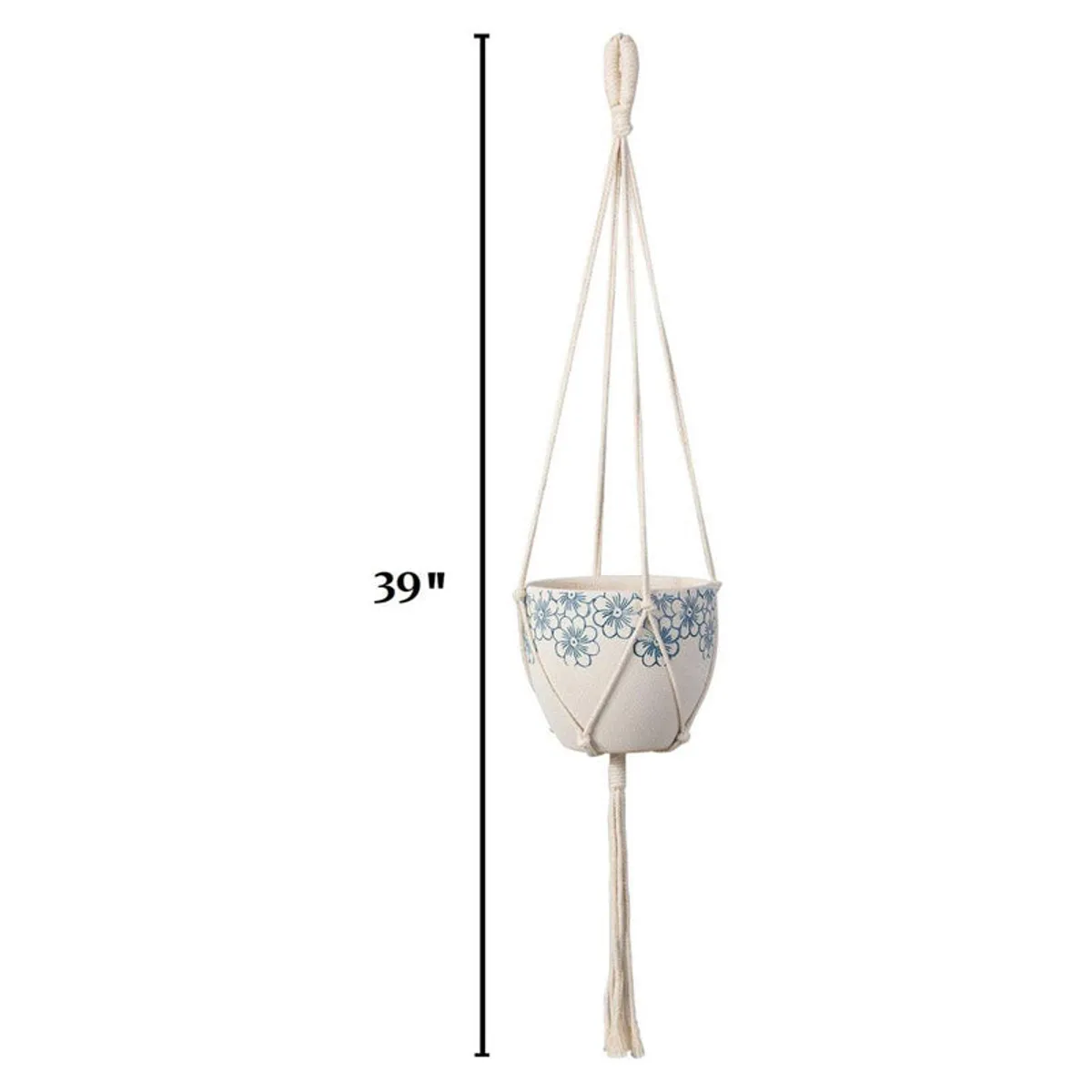 Single white macrame plant hanger holding a white floral pot against a plain background