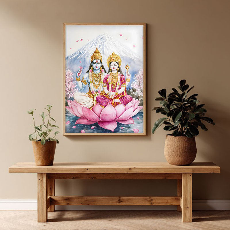 Lakshminarayana Spiritual Archival Paper Wall Painting - Natural Brown Frame