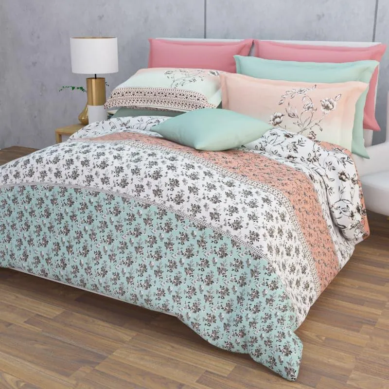 Nesa Flora Stripe - Green & Peach Cotton Bedsheet - 210 TC media 1