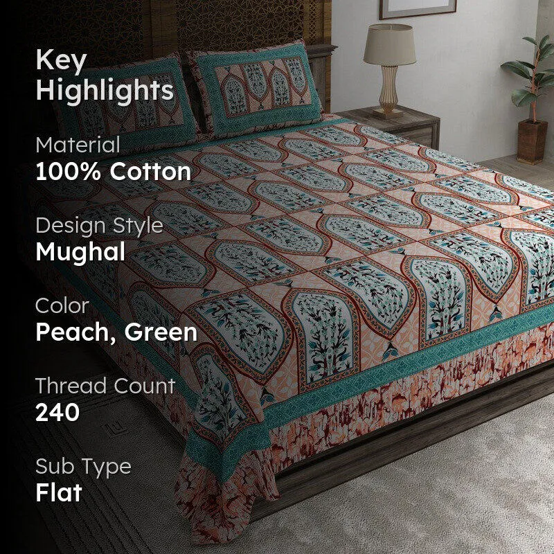 Rangza Cotton Bedsheet (Peach,Green) - 240 TC media 2