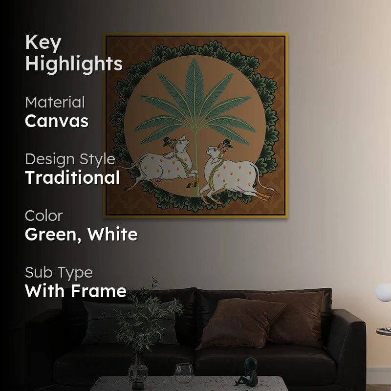 Cows In Tropics Canvas Wall Painting With Frame - Gold media 2