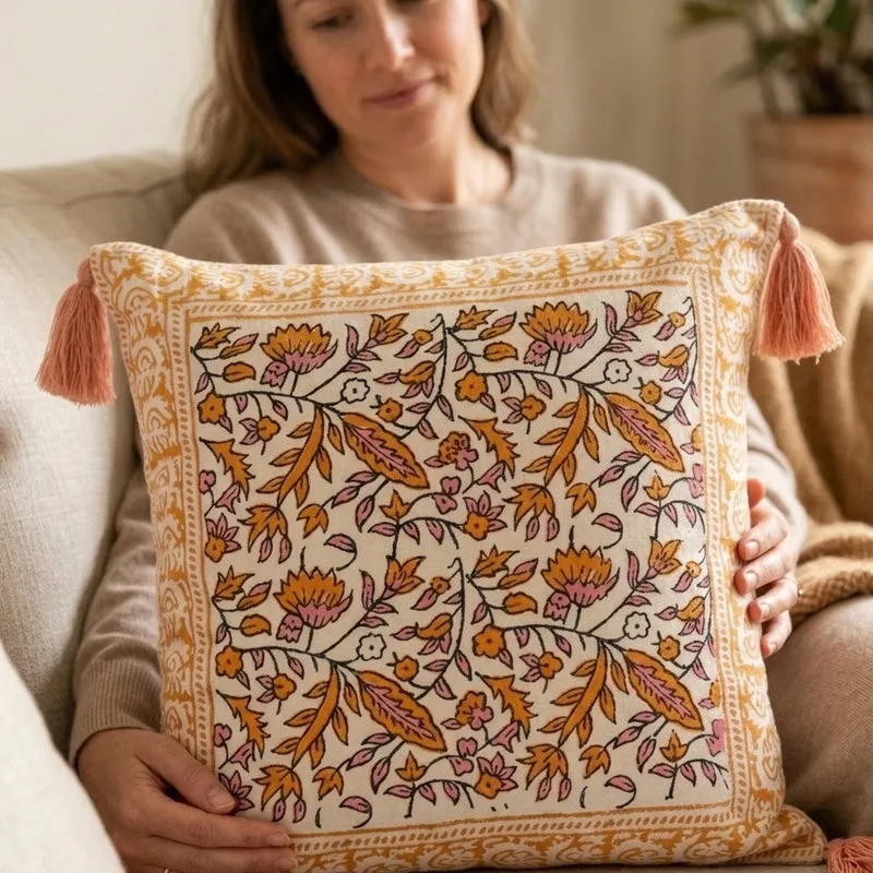 Yellow Ethnic Floral Cushion Cover media 4