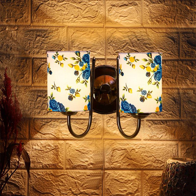 Veda Duo Blue Fleur Cylindrical Fabric & Metal Wall Lamp