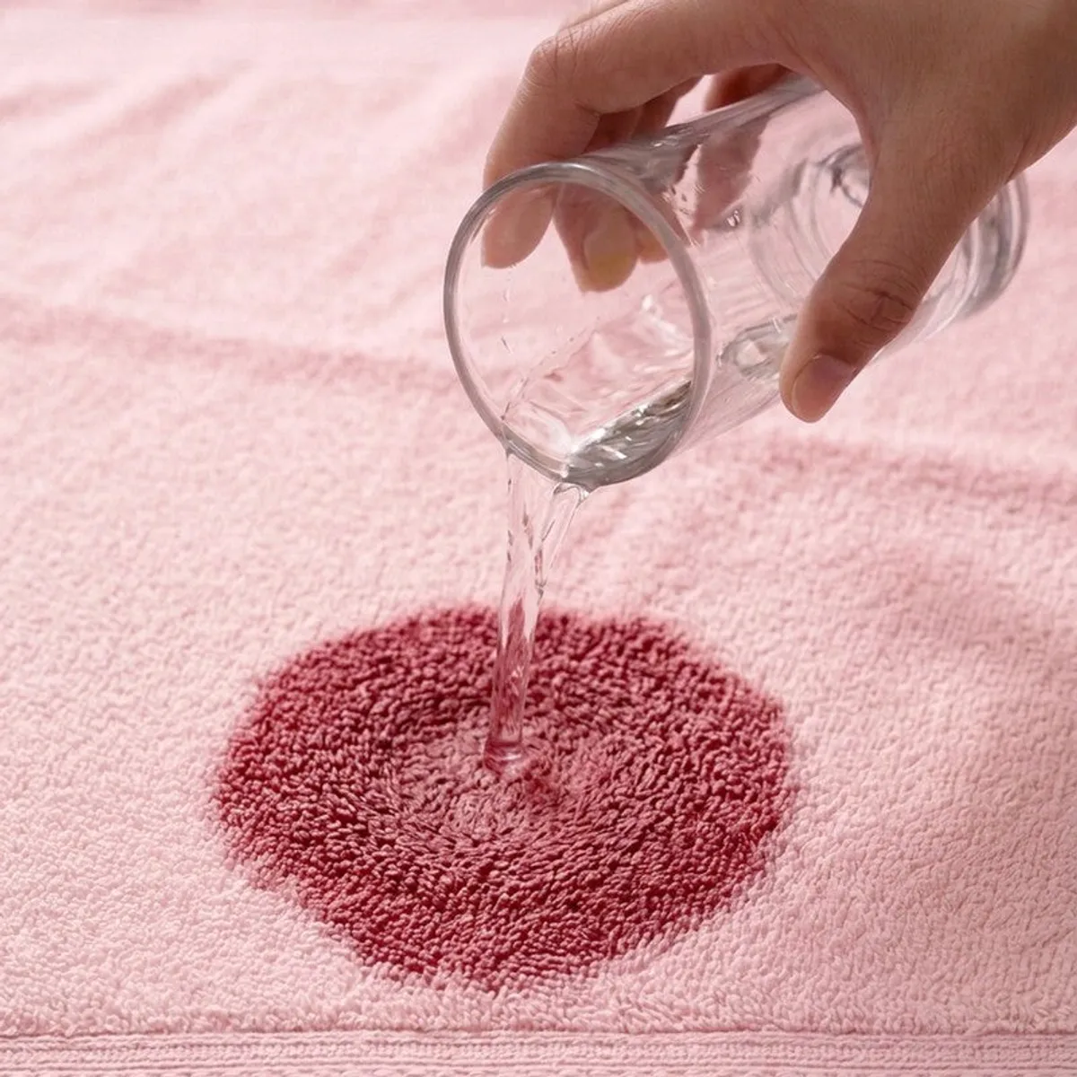 Water being poured onto the absorbent surface of a pink towel