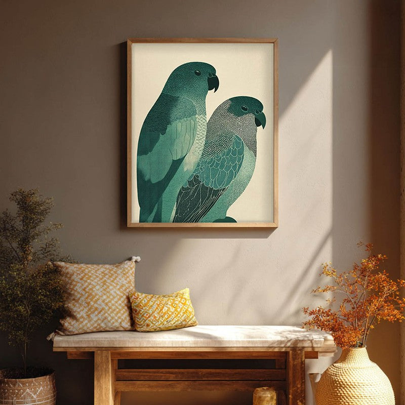 Pastel Parrot Pair Canvas Wall Painting With Brown Frame