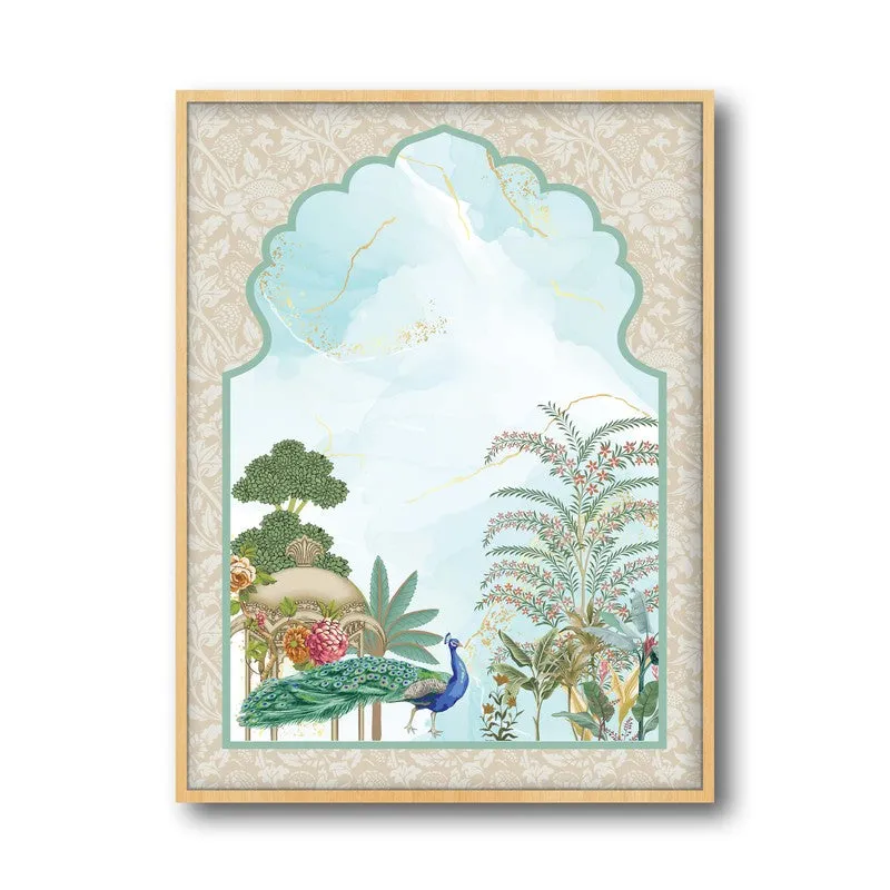 Imperial Garden Framed Jharokha Canvas Archival Canvas Wall Painting - Natural Brown Frame media 5