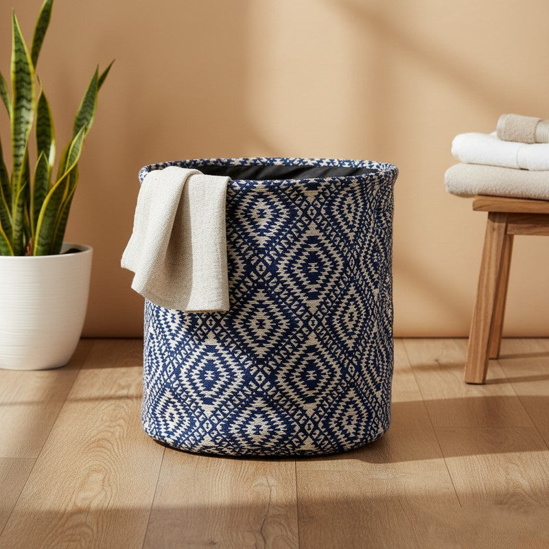 Diamond Motif Cotton Laundry Basket - Blue & White