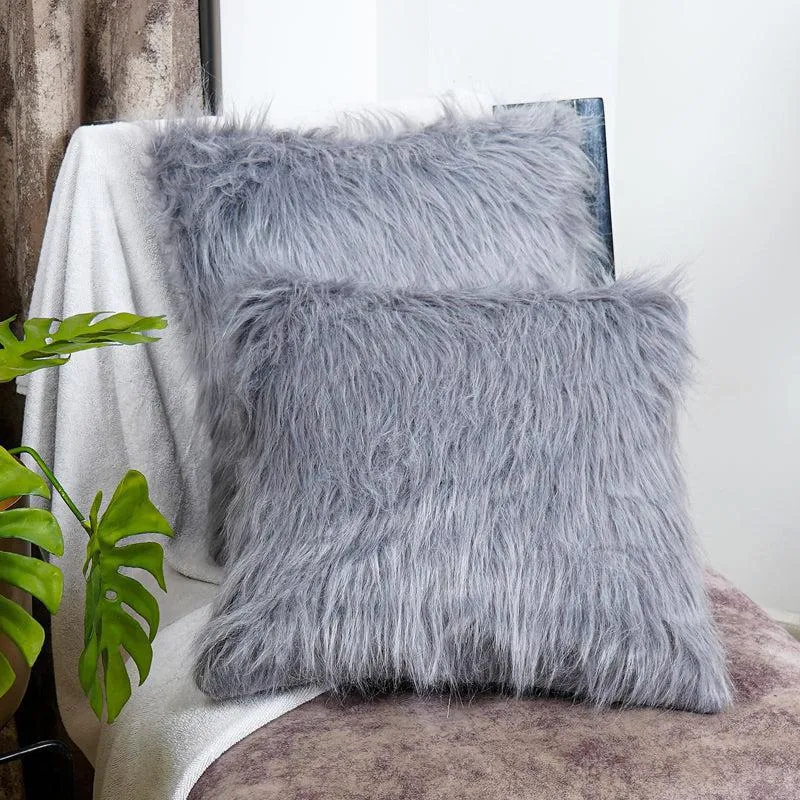Velvuro Faux Fur Solid Cushion Cover (Light Grey) - Set Of Two media 4