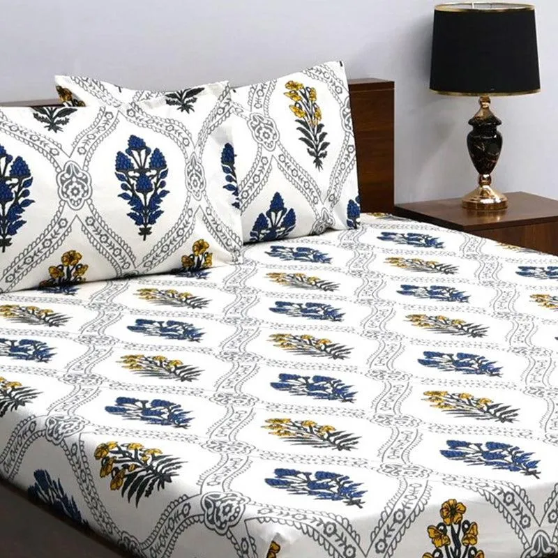 Chavvi Ethnic Microfiber Bedsheet (White & Blue) - 120 GSM media 4