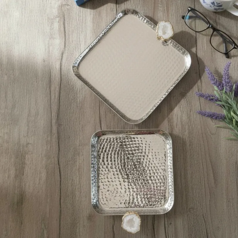 Aurora Edge Hammered (Metal,Agate) Platter (White & Silver) - Set of Two media 3