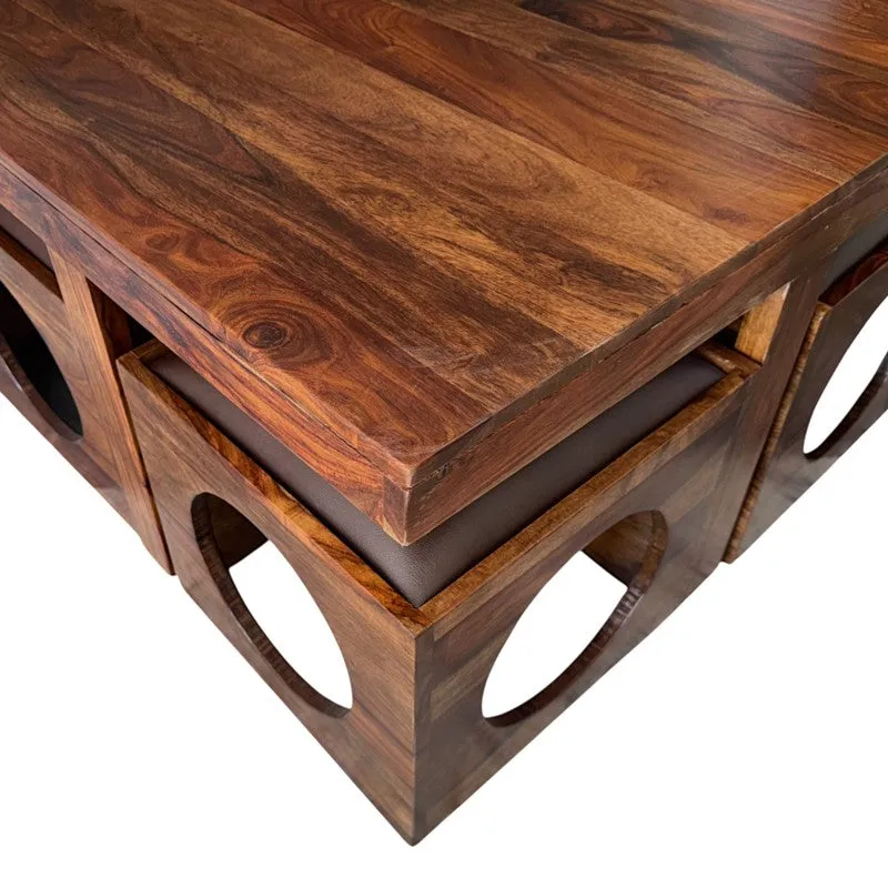 Lervon Sheesham Wooden Center Table with Stools (Brown) - Five Piece Set media 6