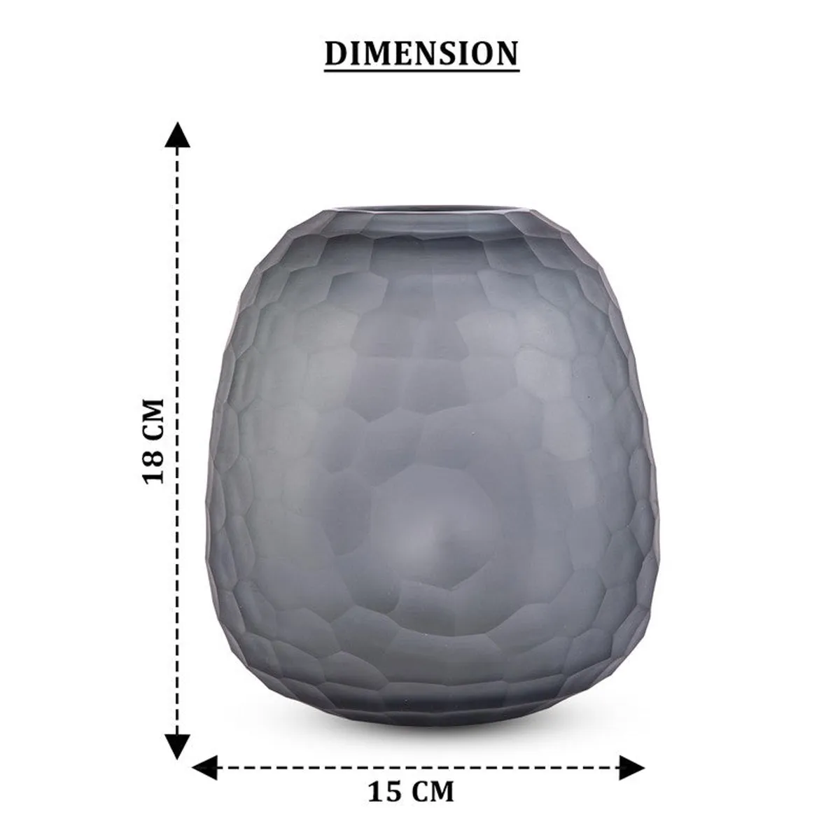 Front view of the smoky grey glass vase with measurement arrows shown