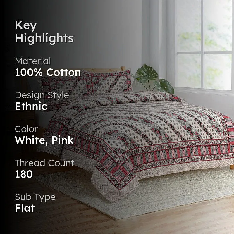 Eshan Ethnic Cotton Bedsheet (White,Pink) - 180 TC media 2