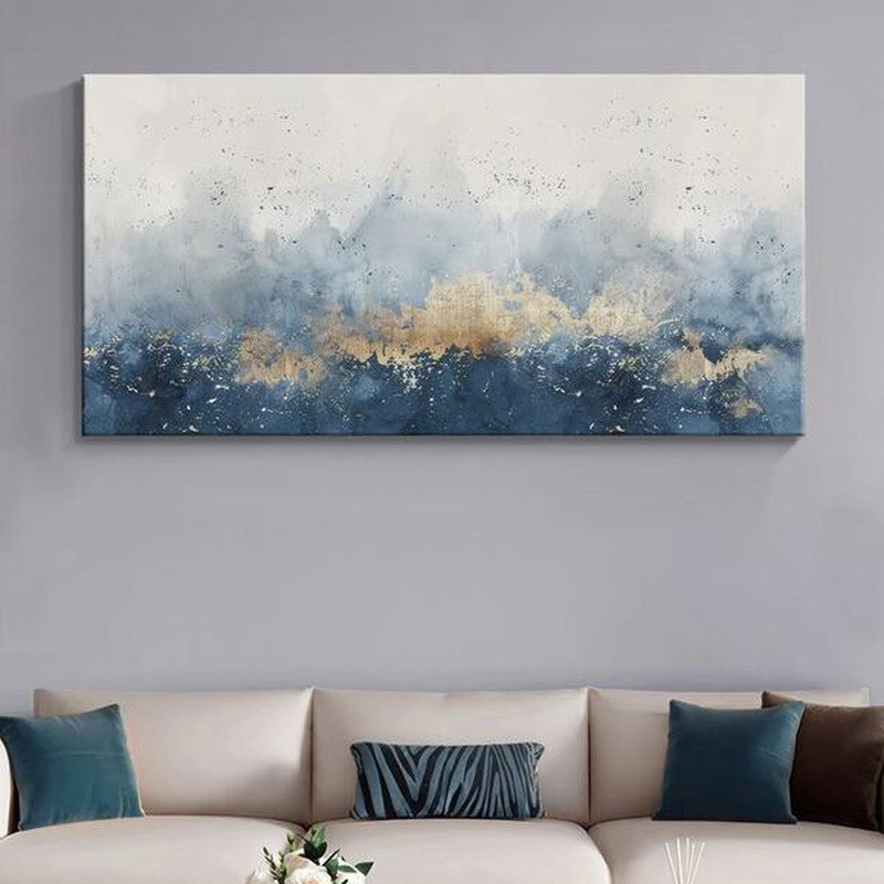 Oceanic Blue and Golden Abstract Poly Canvas Wall Painting