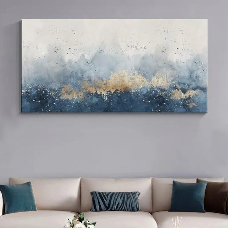 Oceanic Blue and Golden Abstract Poly Canvas Wall Painting media 1