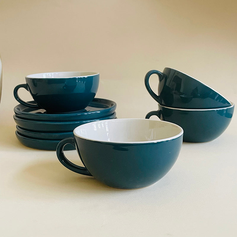 Elegant Green Ceramic Cup & Saucer (320 mL) - Eight Piece Set