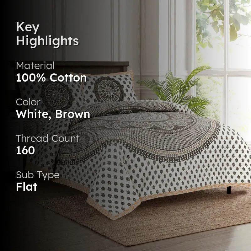 Aavani Ethnic Cotton Flat Bedsheet (White & Brown) - 160 TC media 2