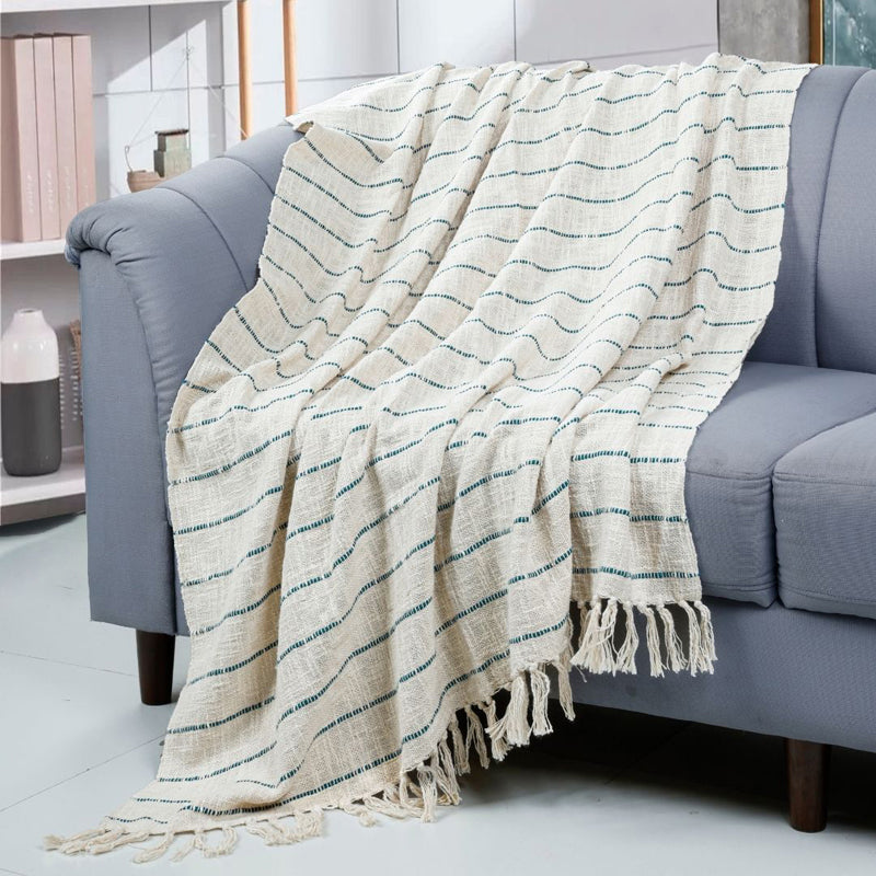 Cocoa Stitch Striped Throw - Off White & Blue