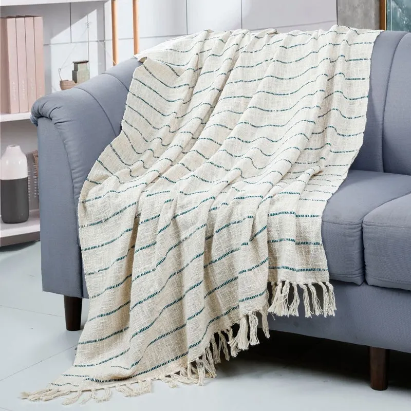 Cocoa Stitch Striped Throw - Off White & Blue media 1