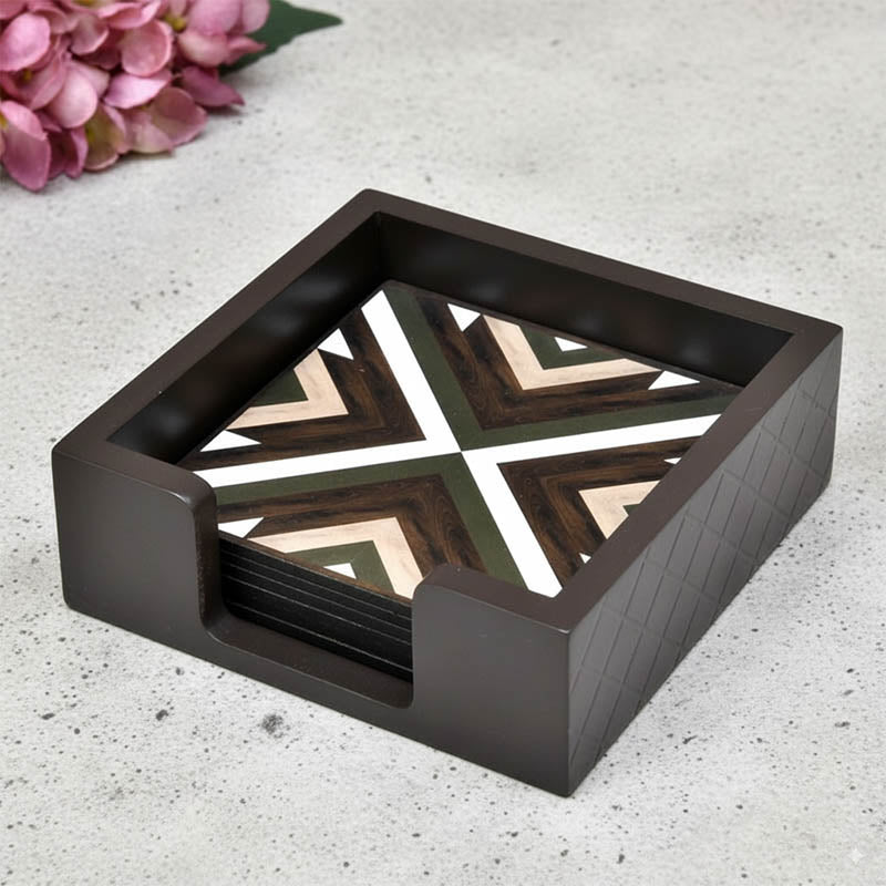 Rustic Square Wooden Coasters with Holder - Seven Piece Set