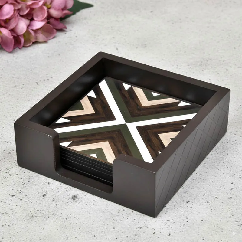 Rustic Square Wooden Coasters with Holder - Seven Piece Set media 1