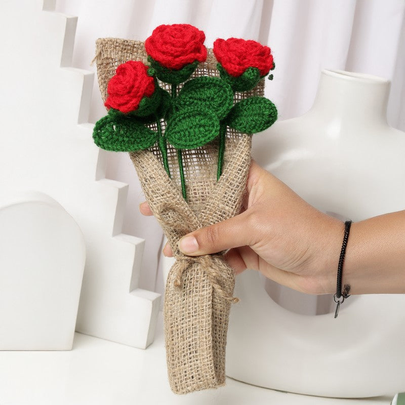 Crochet Handmade Rose Bouquet (Red) - Set Of Three media 4