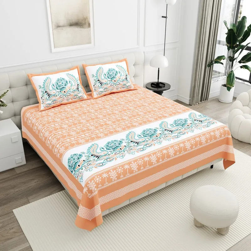 Ethnic Classic Cotton Bedsheet (Orange,White) - 120 TC media 1