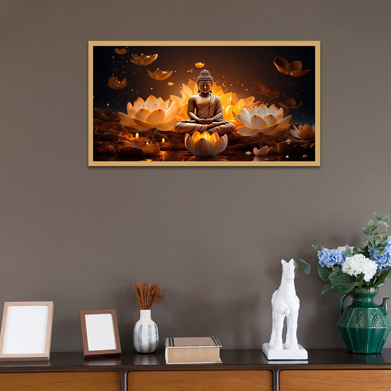 Lotus Glitter Buddha Canvas Wall Painting With Frame