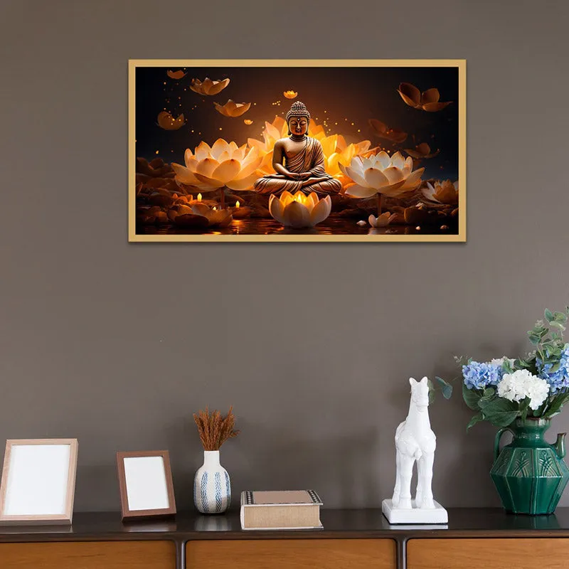 Lotus Glitter Buddha Canvas Wall Painting With Frame media 1