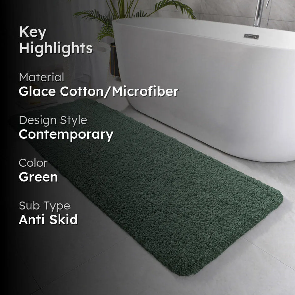 Green runner rug beside a bathtub with key highlights overlay