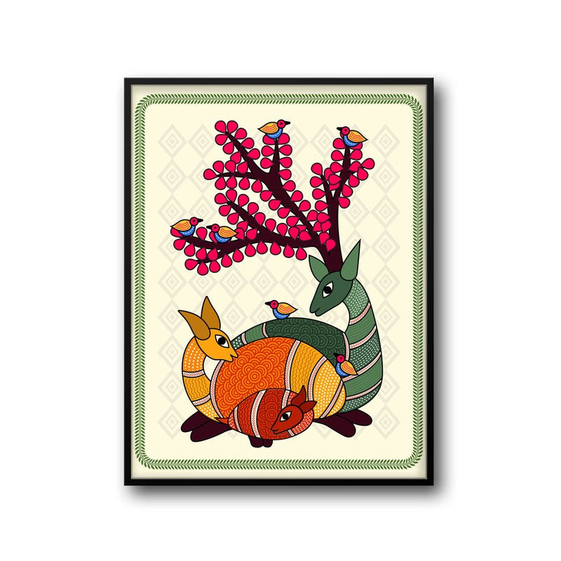 Deer In Color Framed Madhubhani Canvas Wall Painting media 6
