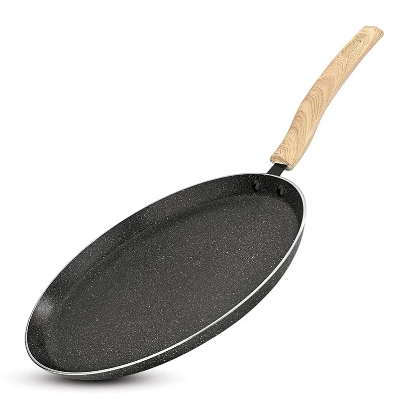 Black round dosa tawa with a raised rim and light wooden-finish handle