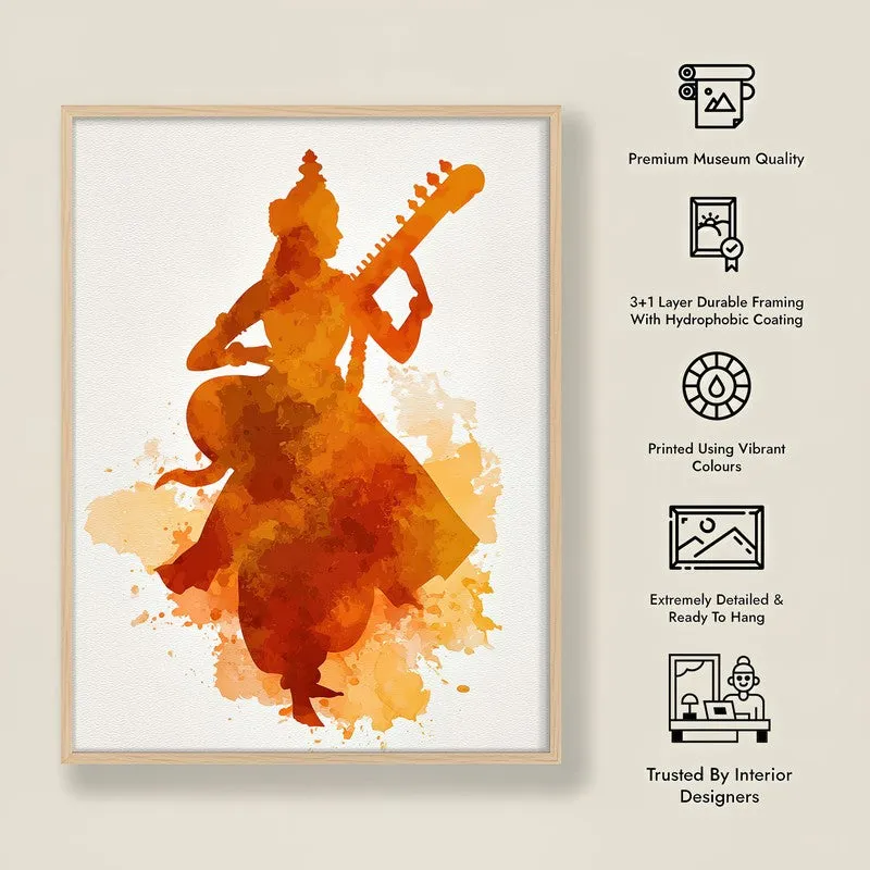 Sri Saraswati Devi Playing Veena Archival Paper Wall Art - Natural Brown Frame media 8