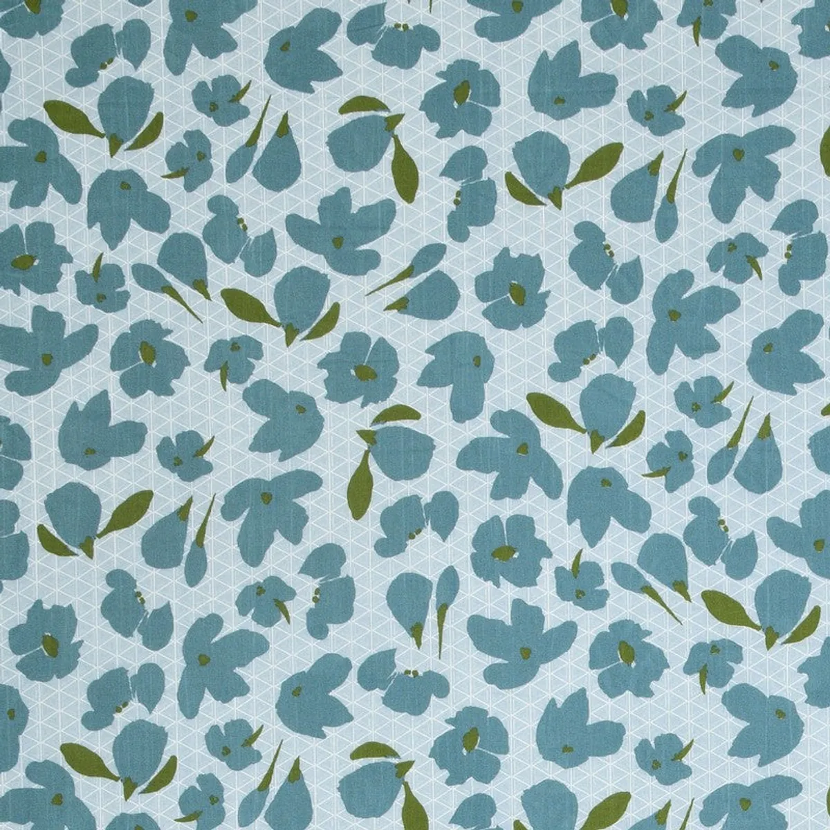 Detailed view of blue floral pattern with green leaves on light blue fabric
