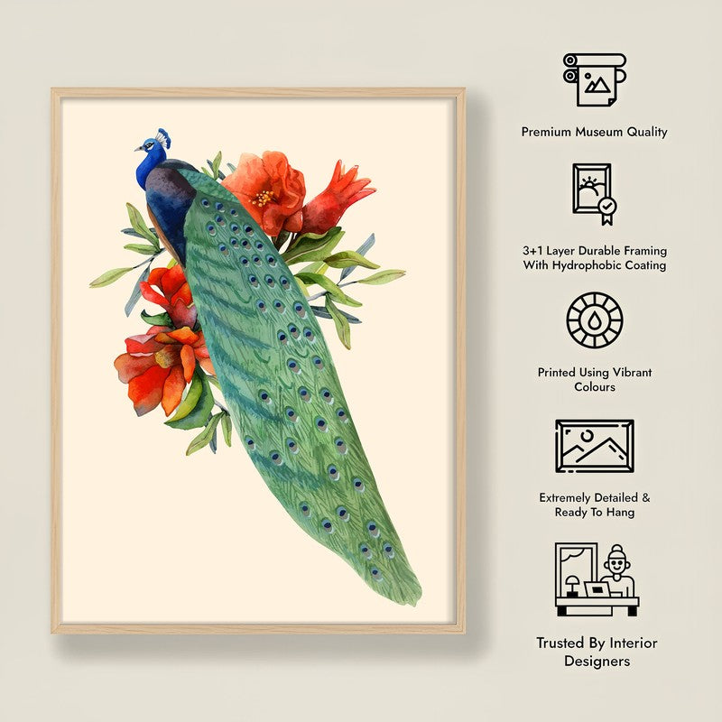 Flowers & Peacock Archival Paper Wall Art  - Natural Brown Frame media 9