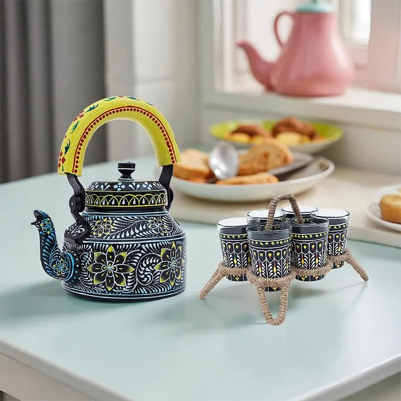 Brew Serve Handpainted Tea Set With Stand (Black & Yellow) - Eight Piece Set media 1