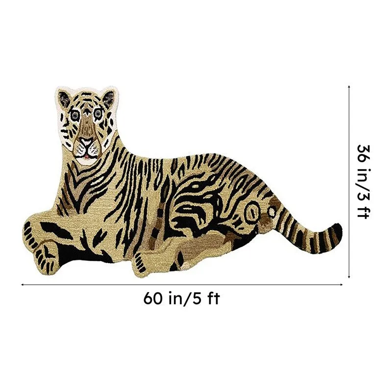 Tiger-shaped carpet shown with vertical and horizontal dimension arrows
