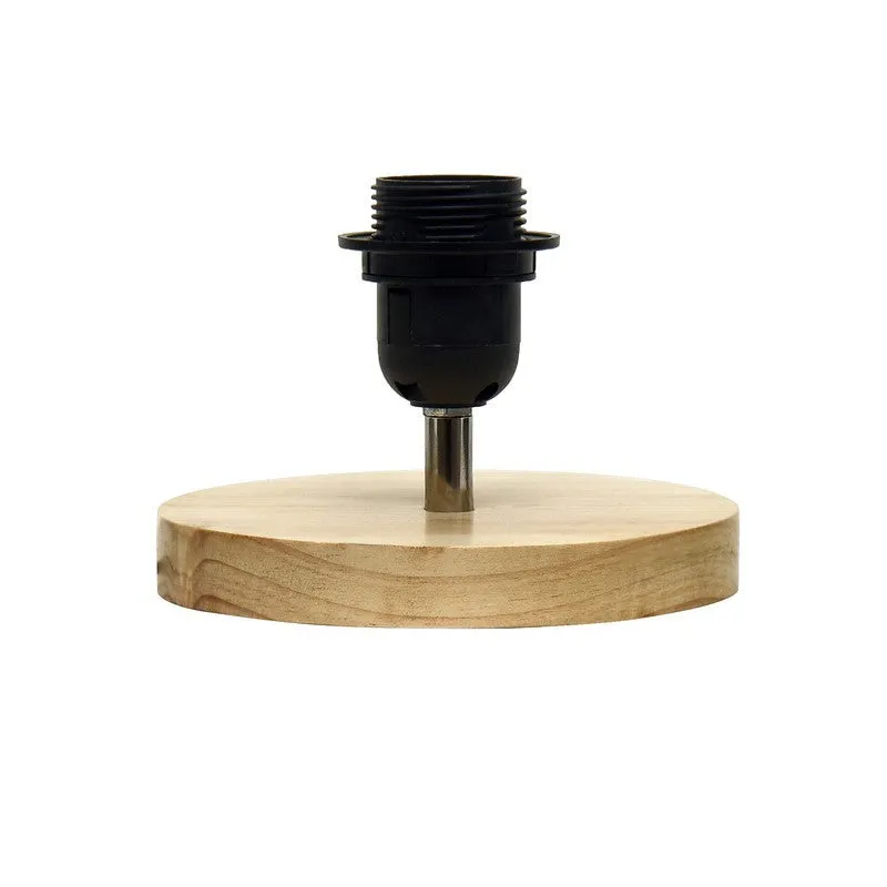 Wooden lamp base with exposed single-light socket shown without the shade