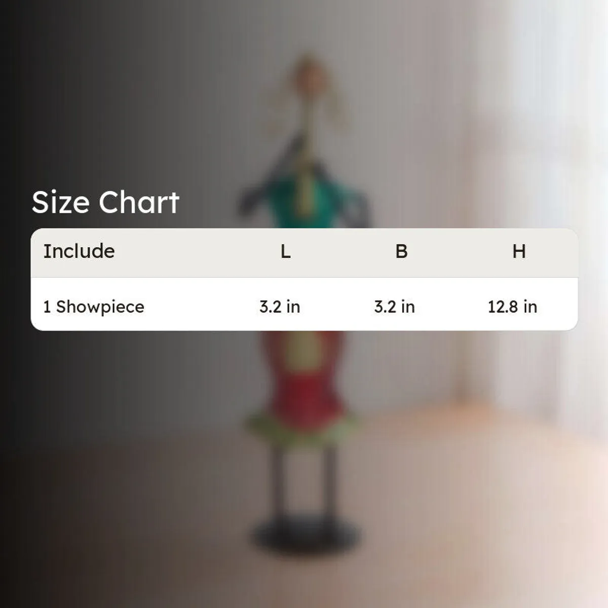 Blurred product background with a size chart table overlay